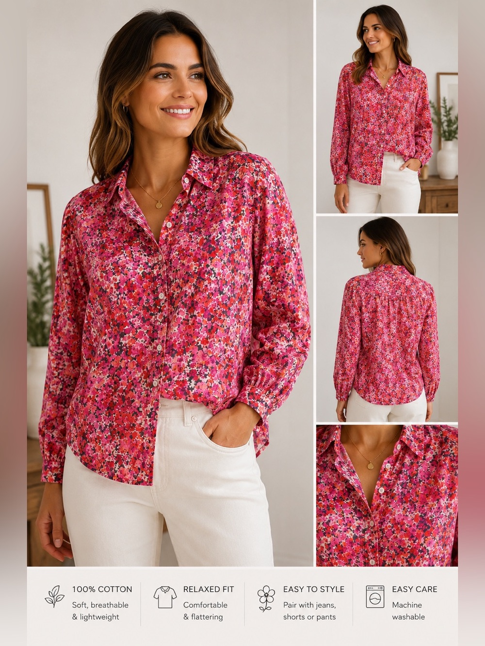 J. Jill Vibrant Floral Blouse - Pink and Red